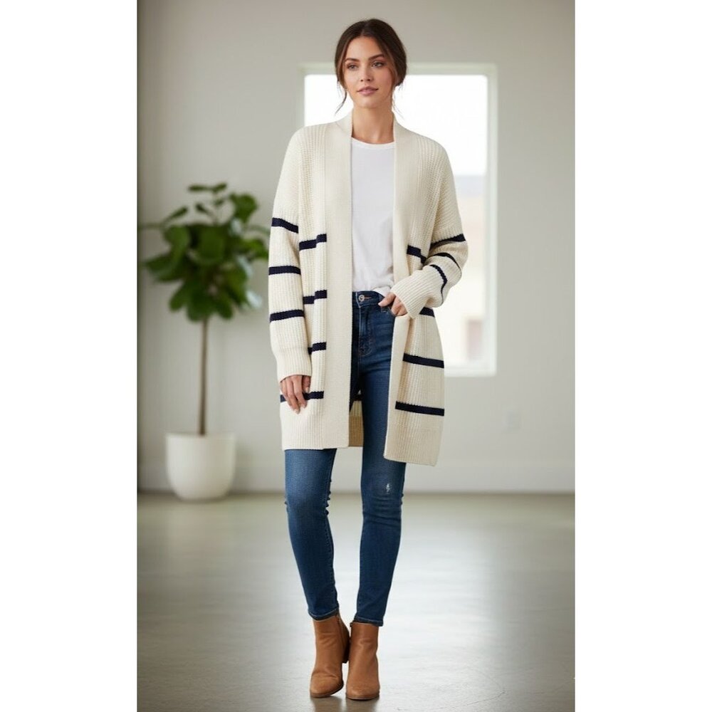 NWT NakedCashmere Cove Cardigan in Ecru Navy Stripe Cashmere Oversized Sweater S